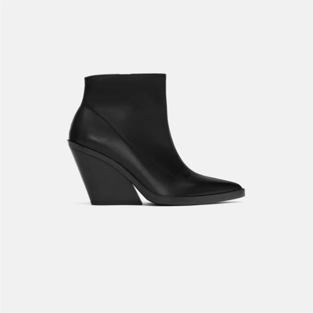 Zara Pointed Western Side Zip Leather Ankle Wedge Heel NWOT